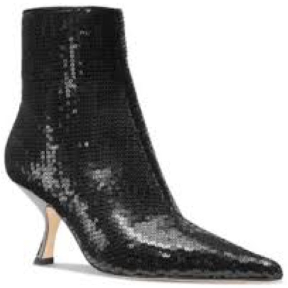 Michael Kors Black Sequin Ankle Booties Pointed Toe Kitten Heel NIB Box Size 9 - Picture 2 of 10